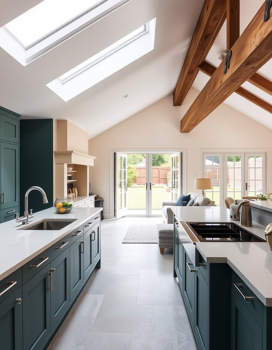Main painting studio: Kitchen with teal painted cupboards and chrome silver handles and chrome taps and fittings. Large island in the middle. Light grey large floor tiles.