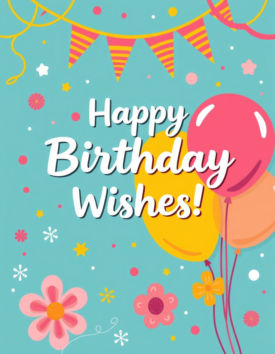 Birthday Cards idea: birthday card design, cheerful festive artwork, space for greeting, Birthday Wishes! , printable birthday card