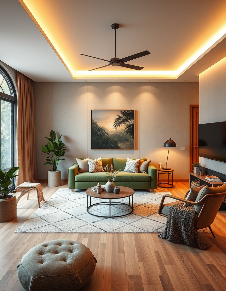 Interior Design idea: AI interior design, cohesive furniture layout decor and lighting, photorealistic interior render, I want a cozy, warm, earth-toned living room with a 