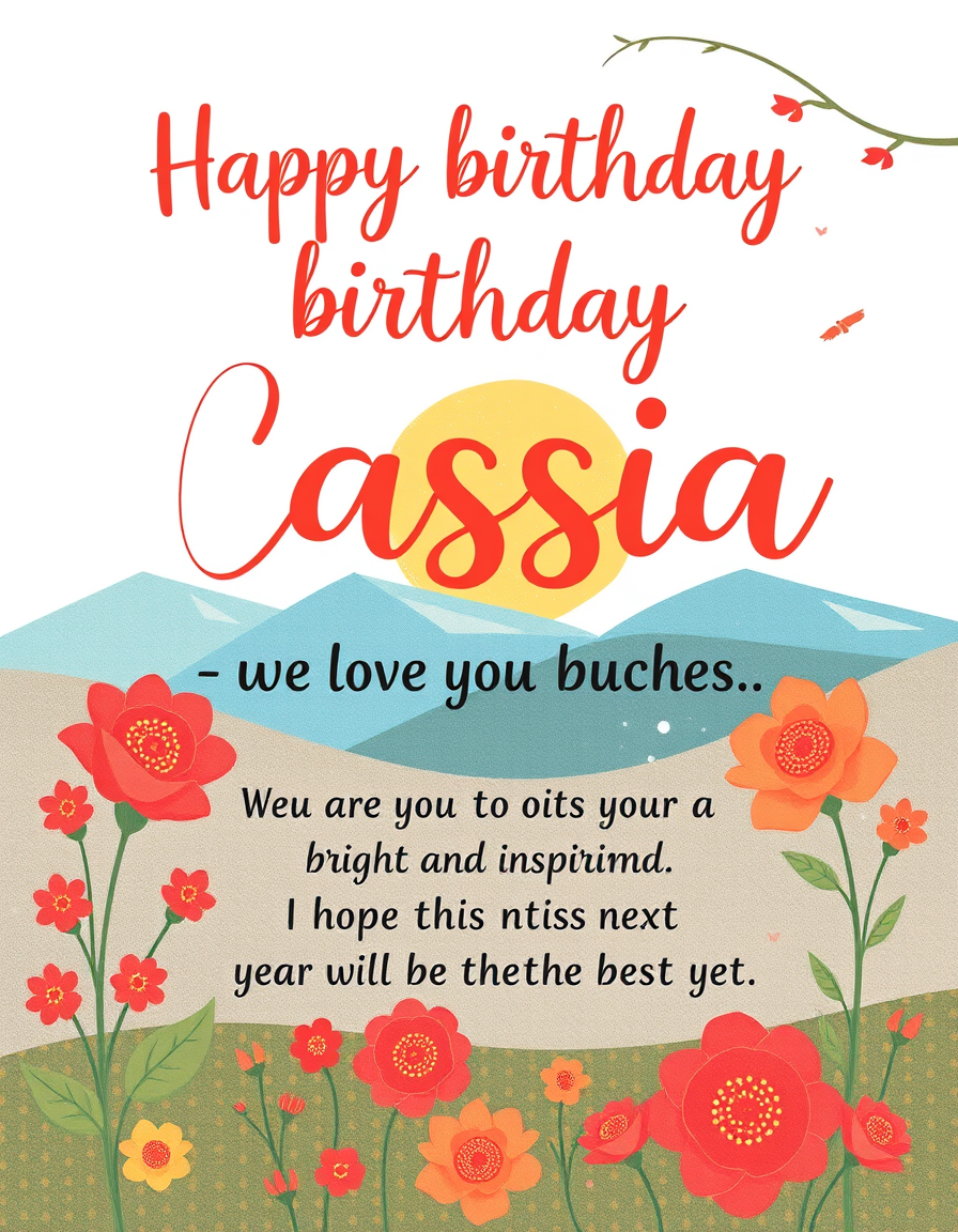 Greeting Cards idea: greeting card design, warm illustration, space for message, Happy birthday Cassia- we love you bunches. You are a bright and inspiring. I hope this ne