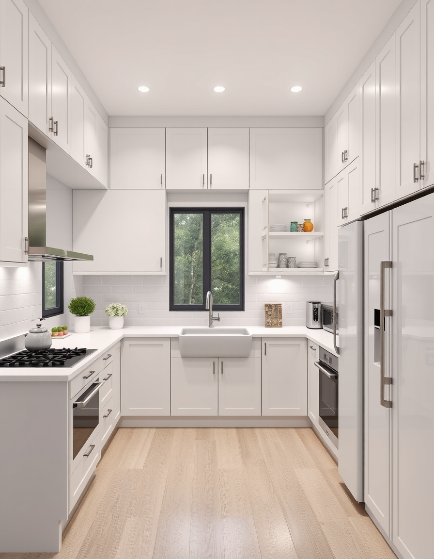 AI Kitchen Design idea created from the prompt: AI kitchen design, modern cabinetry countertops and lighting, photorealistic interior render, U-shaped kitchen in white and gray. Floor-to-c