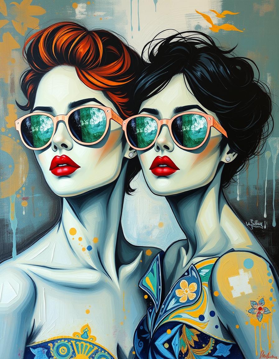 Main painting studio: peux tu me transformer cette photo que je puisse faire un tableau en peinture acrylique de 1 metre x 1 metre aves des lunettes sur les deux femmes dan