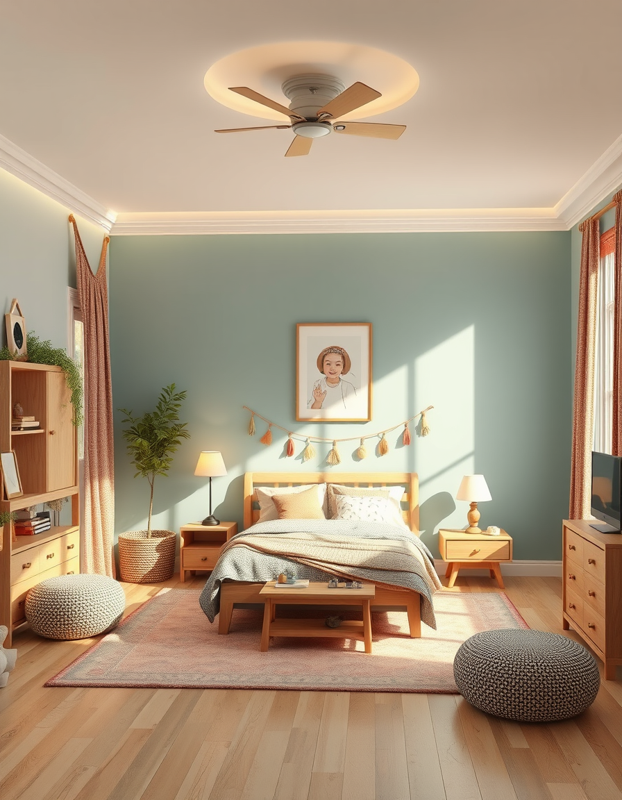 Room Design idea: AI room design, full room layout furniture and lighting, photorealistic interior render, Bohemian kid friendly colors I can alternate seasonal , room 
