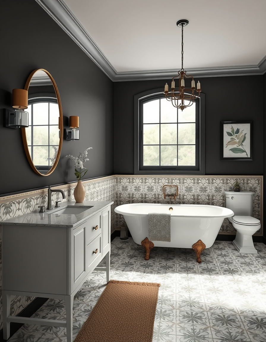 Bathroom Design idea: AI bathroom design, tiled surfaces vanity and fixtures, photorealistic interior render, bold maximalist bathroom with patterned encaustic tiles, a cla