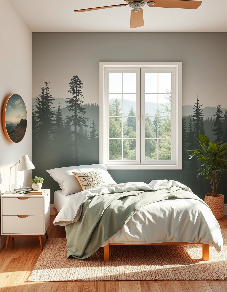 Main painting studio: paint and decorate small bedroom in warm foresty summer open landscape colors and textures.