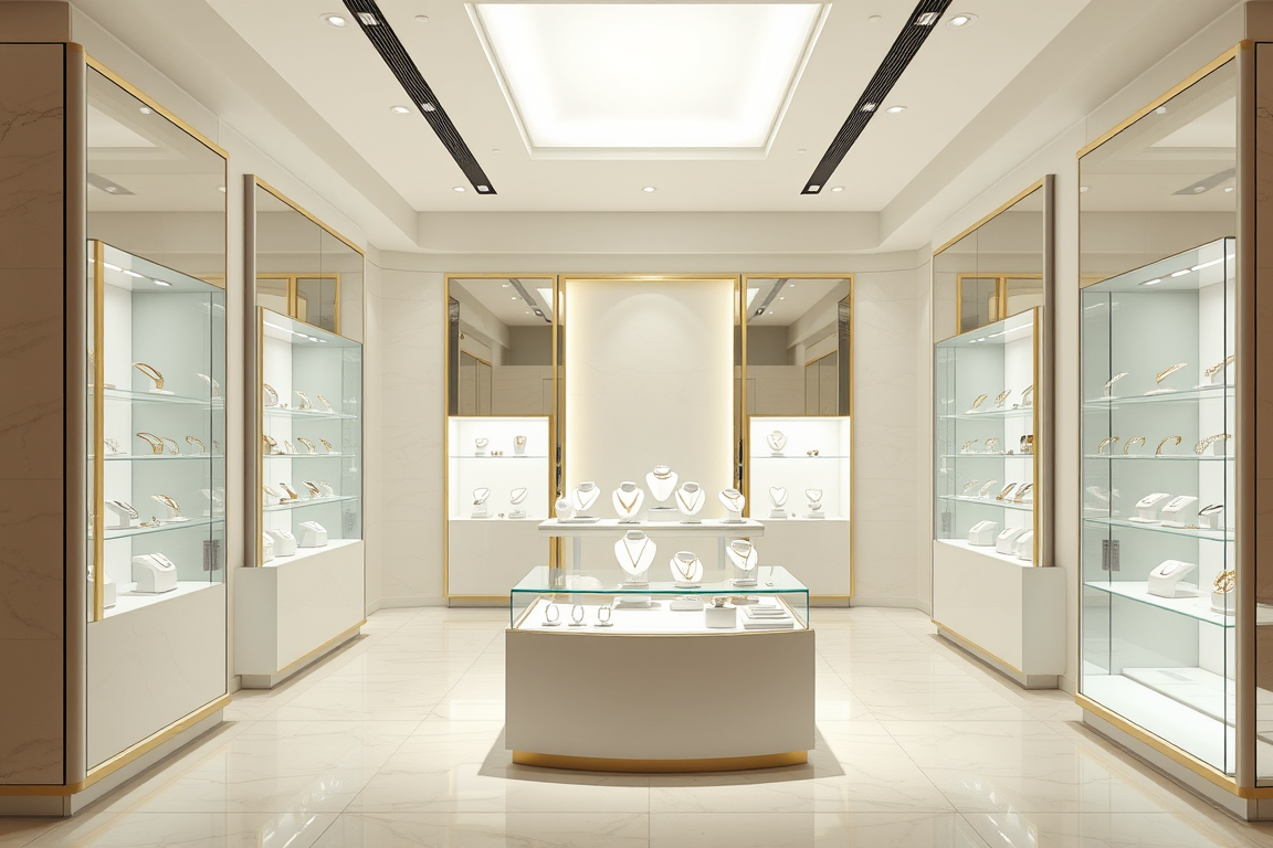 Main painting studio: Photorealistic 3D render, 15 sqm rectangular jewelry boutique, 3x5m, full glass storefront. Tiffany & Co. inspired luxury interior: elegant, minimal, 