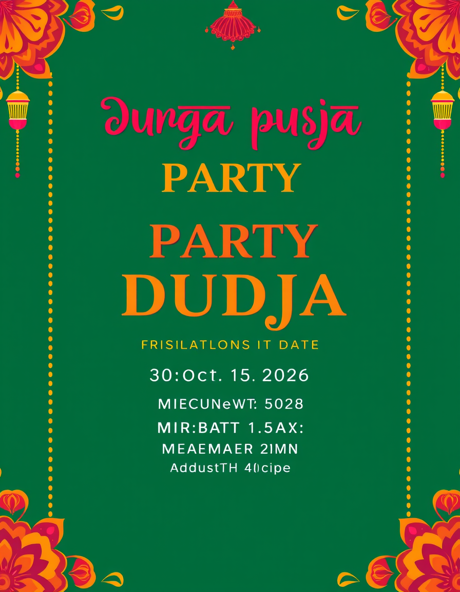 Invitation idea created from the prompt: party invitation design, festive layout, decorative border, space for event details, durga puja invitation card . The date is 30 october 202