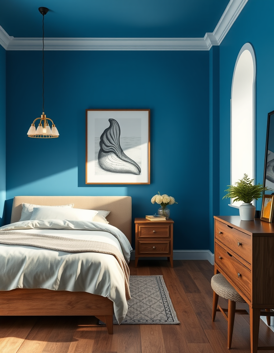 Paint Color idea: room repainted in a new wall color from the photo, accurate paint finish, photorealistic interior render, un comedor con paredes azul marino intenso y