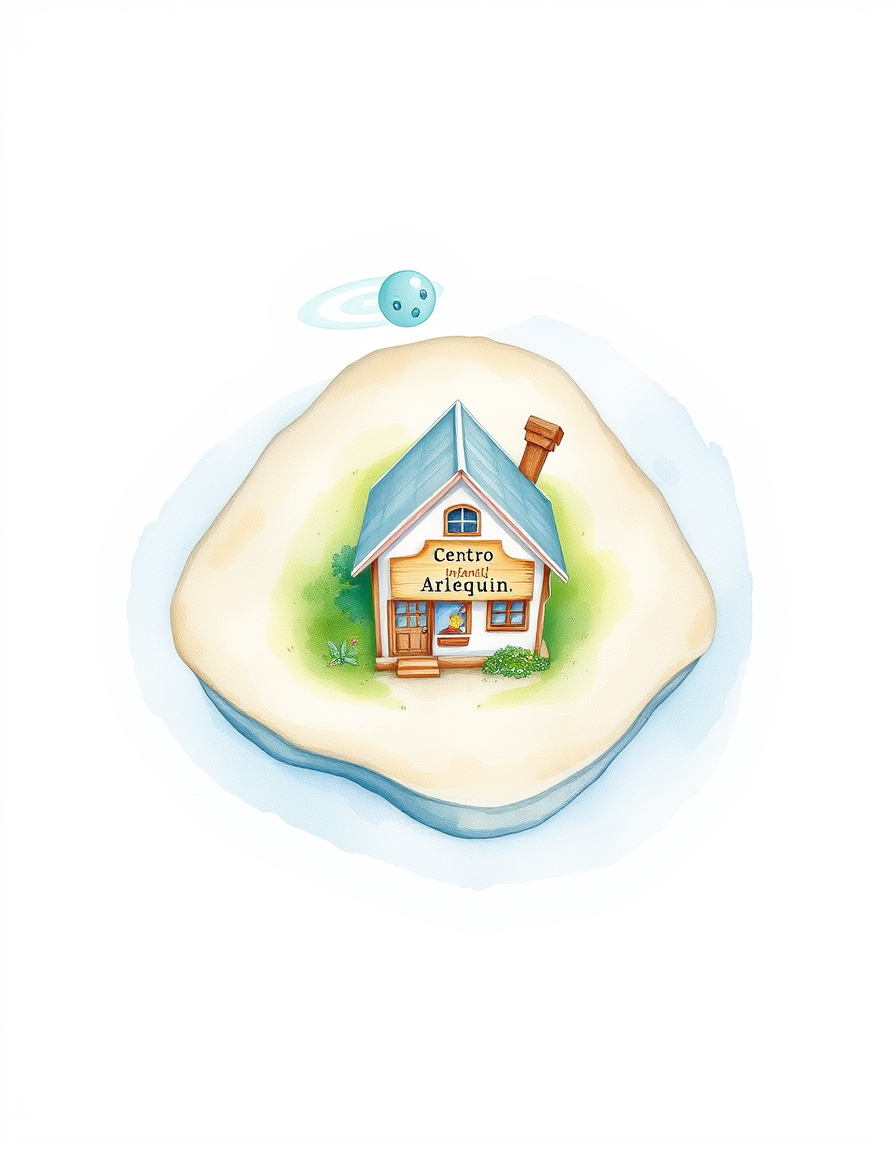 Main painting studio: A delicate watercolor illustration of a whimsical island shaped like an organic rounded blob, soft transparent blue washes, bleeding edges, visible wa