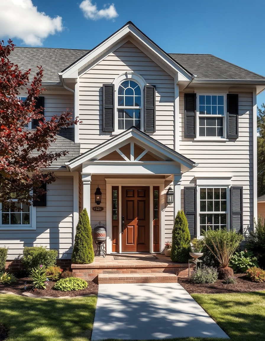 Exterior Paint idea: home exterior paint visualization, preserve architecture and landscaping, recolor siding trim and front door, urabane bronze shutters , realistic exte