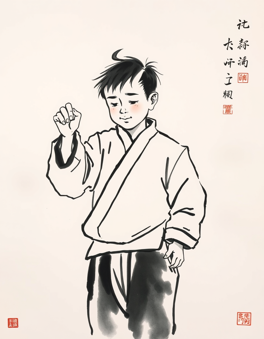 Ink Painting idea created from the prompt: ink painting, sumi-e, Chinese brush painting, minimalist brushwork, Generate a line and wash image of a boy winning , traditional East Asian