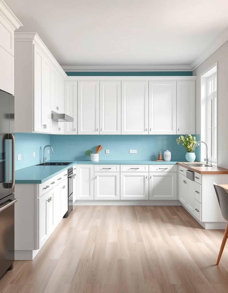 Paint Color idea: room repainted in a new wall color from the photo, accurate paint finish, photorealistic interior render, White cupboards with cyan countertops and li