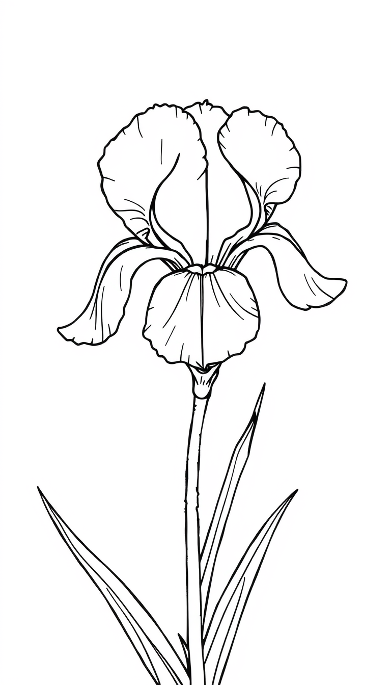 Photo To Outline idea: photo to outline drawing, clean contour lines, minimal shading, preserve subject silhouette, Single Iris flower into clean black-and-white line art su