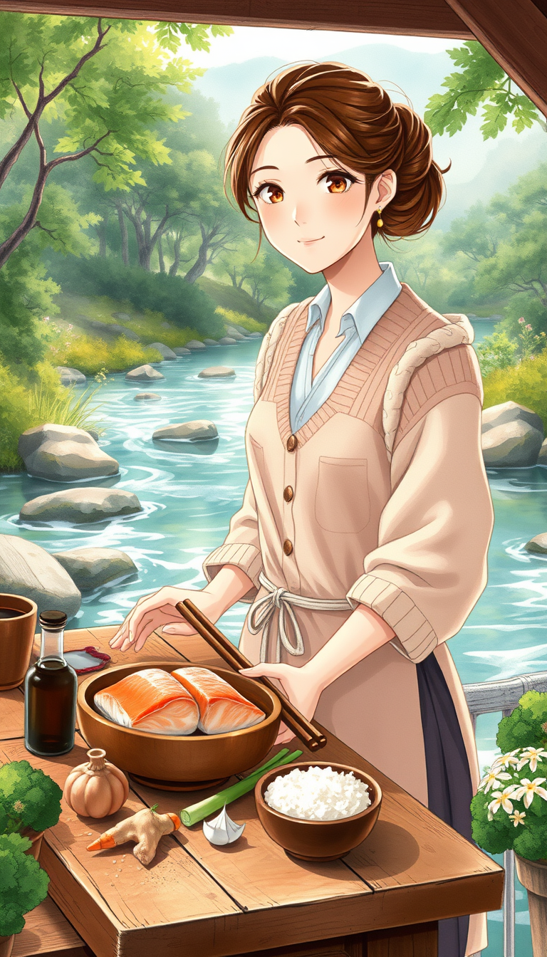 Ghibli idea: Studio Ghibli inspired painting, painterly watercolor backgrounds, soft warm palette, gentle character design, Create a vertical 9:16 hand-painted Jap
