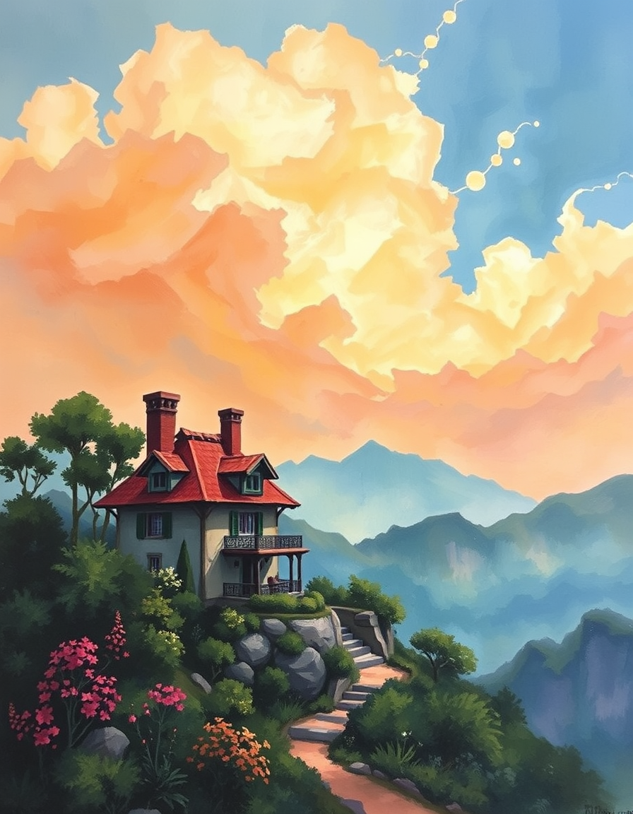 Landscape idea: painted landscape, atmospheric perspective, hand-brushed sky and foliage, gallery composition, maison fantaisi avec des dragon bebe a coter , painted-