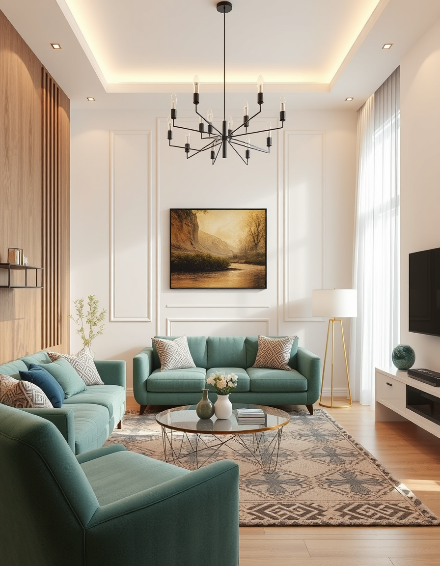 Interior Design idea: AI interior design, cohesive furniture layout decor and lighting, photorealistic interior render, غرفة معيشه فاخرة باضاءة مناسبة مع ارائك مودرن بيج عل