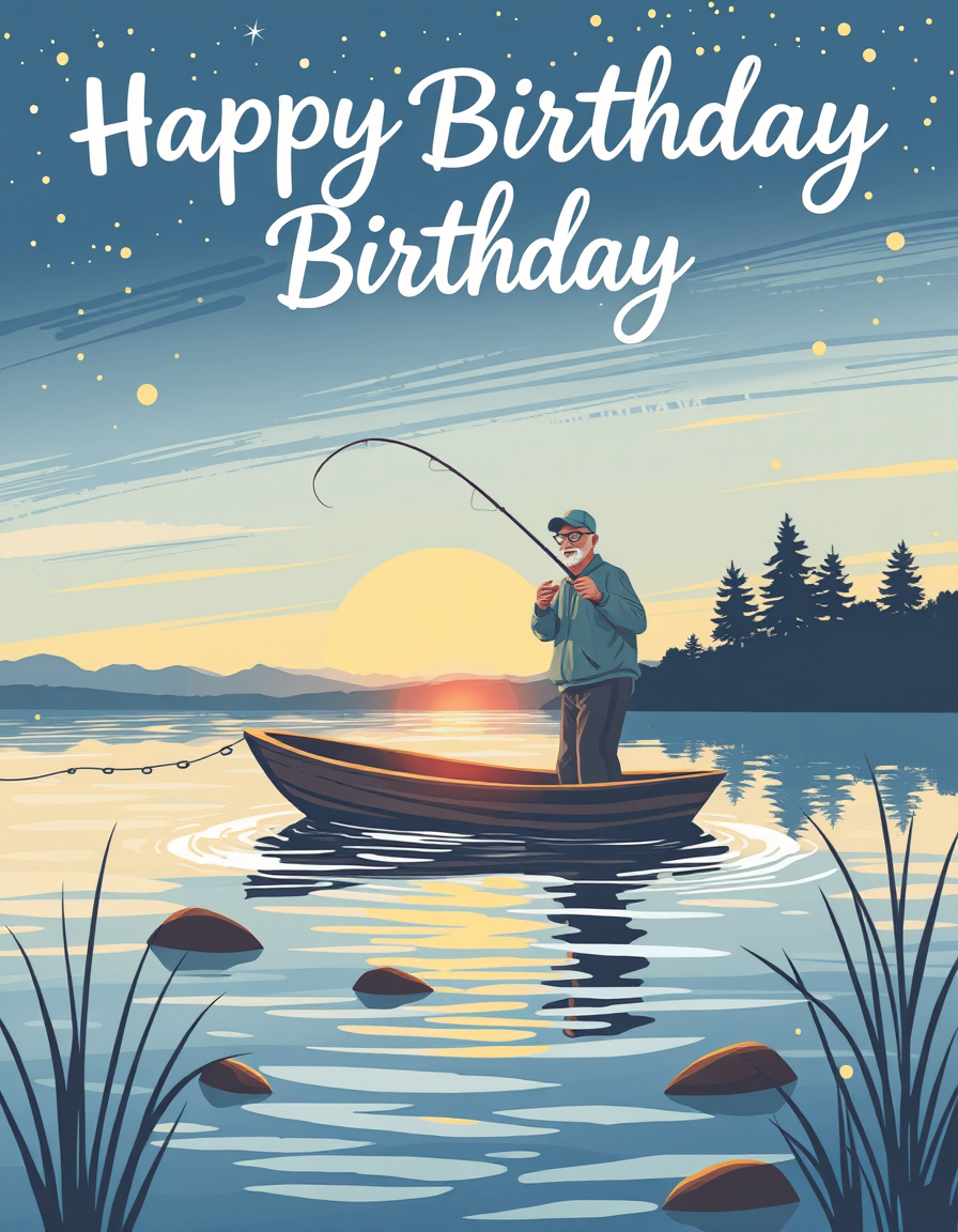 Birthday Cards idea: birthday card design, cheerful festive artwork, space for greeting, a birhday card of a sillouhette of an older man fishing in the middle of a lake an