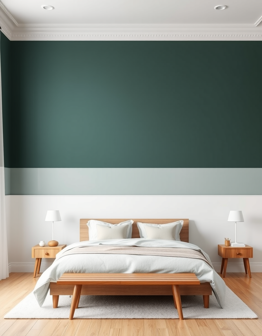 Paint Color idea: room repainted in a new wall color from the photo, accurate paint finish, photorealistic interior render, a bedroom with dark blue/green walls, a whit