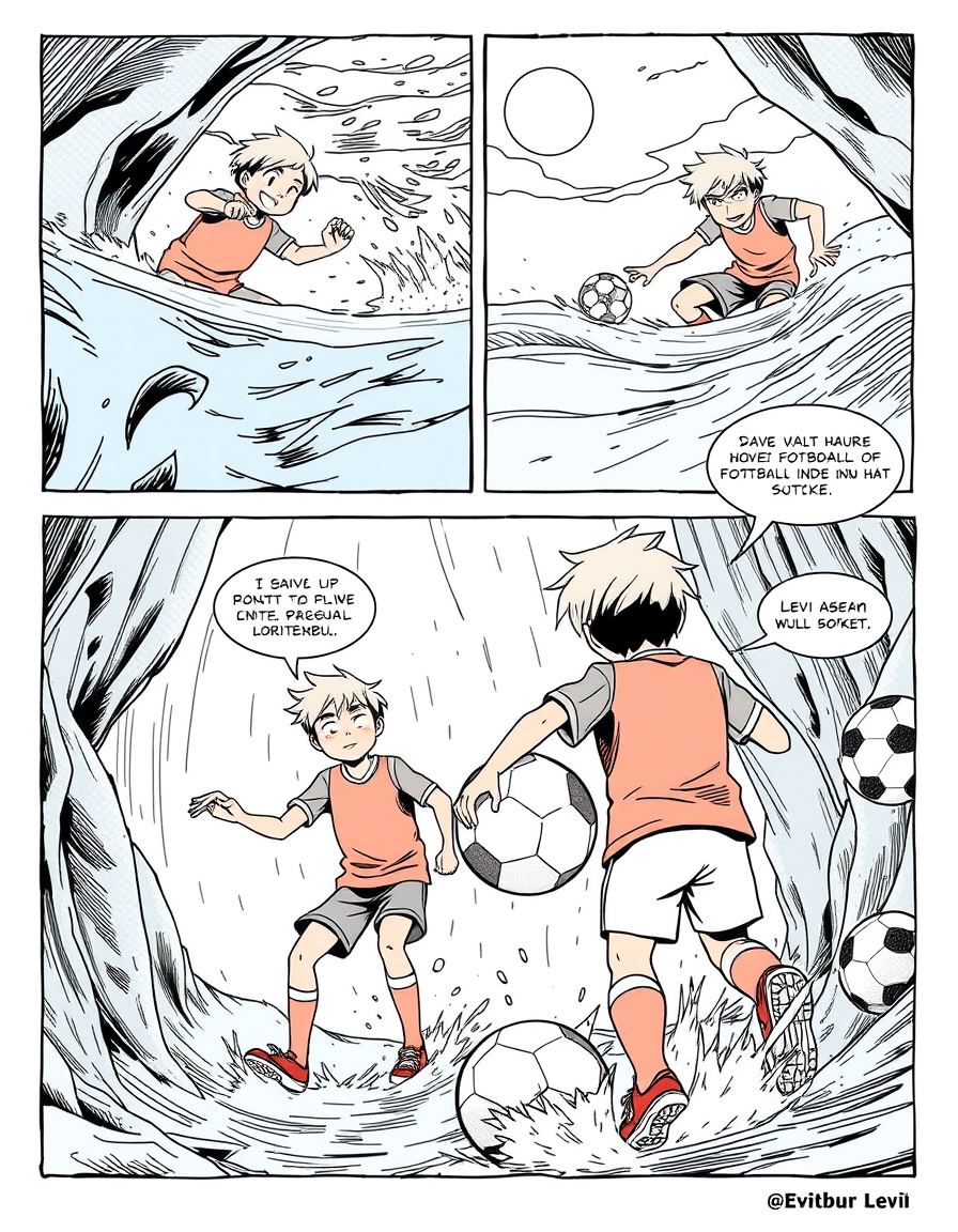 Comic Art idea: comic art, bold ink lines, halftone shading, dynamic composition, 10 panels, der 8jährige Levi hat viele Pokemonkarten. er spielt mit Freunden Fußball