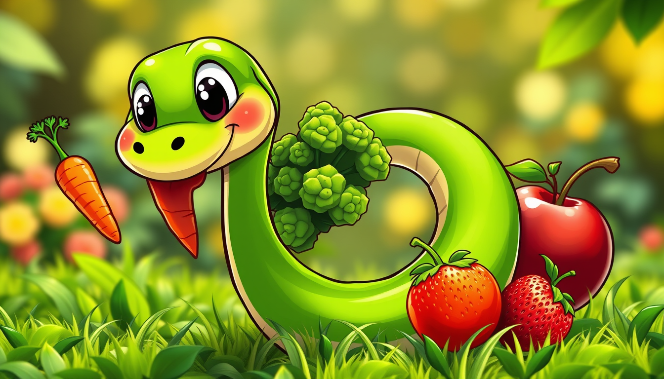 Comic Art idea: comic art, bold ink lines, halftone shading, dynamic composition, 3D cartoon game banner. A cute green snake with big glossy eyes, rosy cheeks and a h