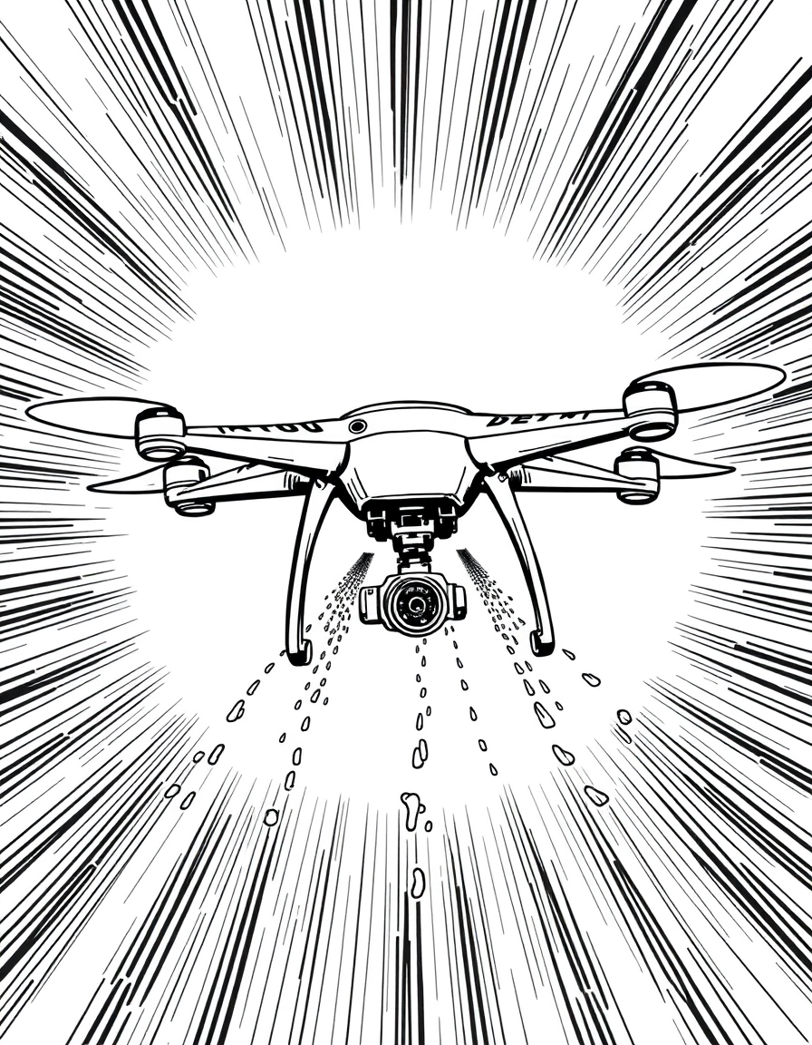 Comic Art idea: comic art, bold ink lines, halftone shading, dynamic composition, Minimal scientific vector illustration of a drone spraying some water with nozzles u