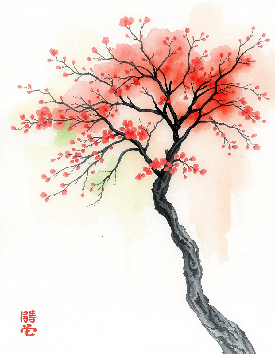Watercolor idea: watercolor painting, soft transparent washes, wet-on-wet bleeds, paper texture visible, japanese tree , delicate watercolor illustration, hand-painted