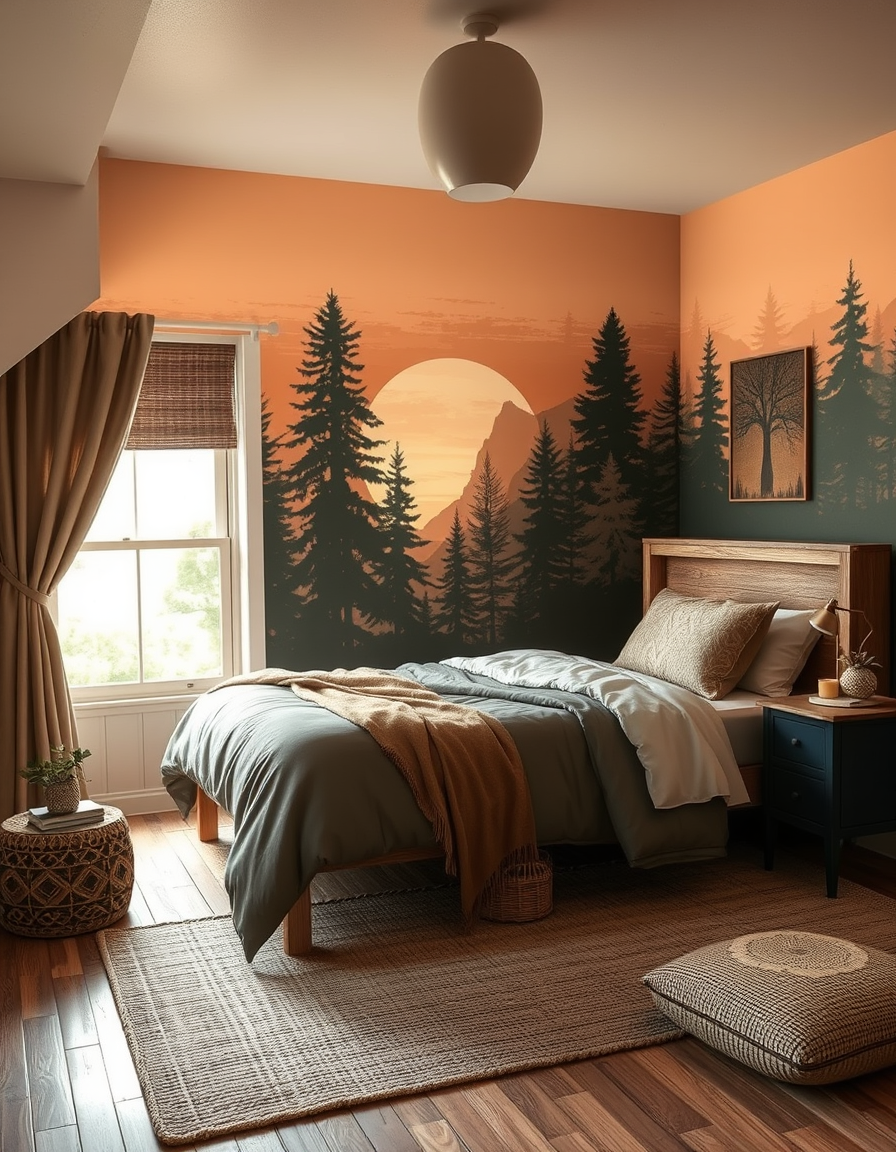 Main painting studio: paint and decorate a small bedroom in earthly, forest and sunset tones and textures.