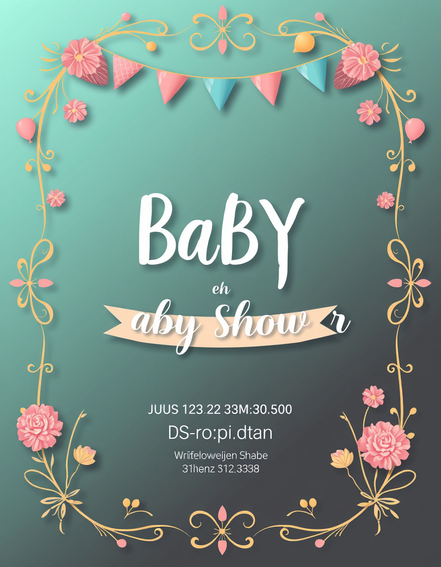 Invitation idea: party invitation design, festive layout, decorative border, space for event details, zaproszenie na baby shower z akwarelowymi motywami kwiatowymi i w