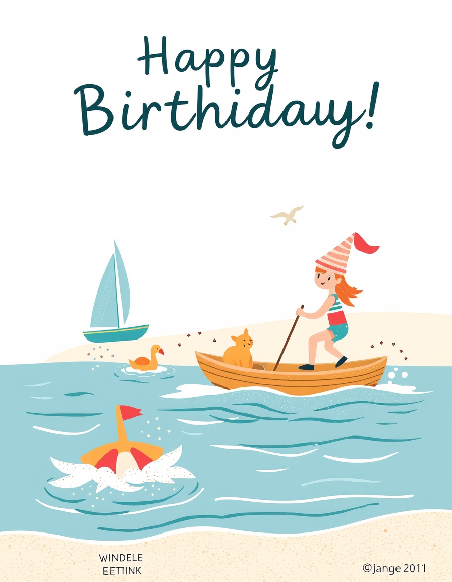 Birthday Cards idea: birthday card design, cheerful festive artwork, space for greeting, Erstelle mir eine Geburtstagskarte A3 für eine gute Chefin. Sie reist gern an die 