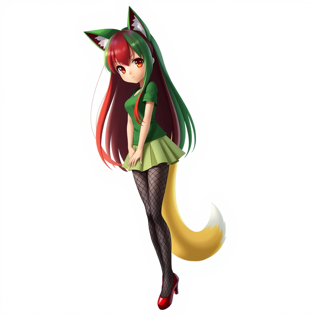 Main painting studio: Doll joints, 2D Japanese animation art style, tall, doll joints, black fishnet stockings, green top, green cat ears, light green skirt, yellow fox tai