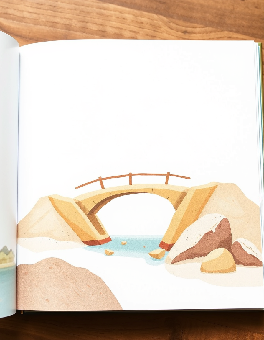 Storybook Illustration idea created from the prompt: storybook illustration, warm narrative scene, hand-drawn feel, soft palette, Create a calm, cute mood illustration with destroyed bridge mad
