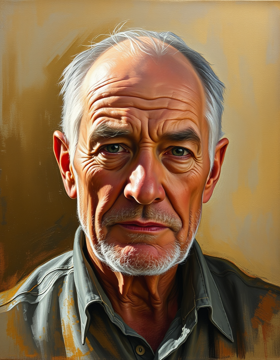 Photo To Paintings idea: painting from the photo, rich brushstrokes, painterly texture, portrait d'un homme âgé à l'huile avec clair-obscur chaud et texture épaisse , fine-art