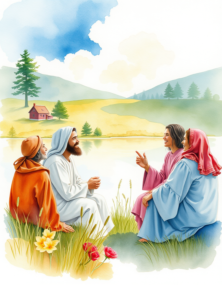 Picture Into Watercolor idea: turn picture into watercolor, transparent washes, paper texture, soft pigment edges, Countryside with lake Nature scene of Jesus surrounded by friends