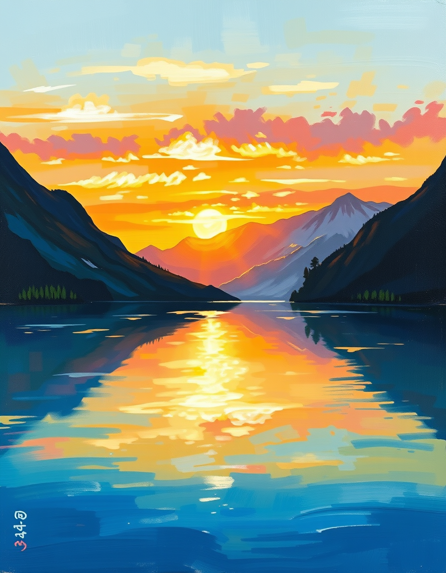 Main painting studio: A beautiful sunset over a peaceful mountain lake, oil painting, realistic brush strokes