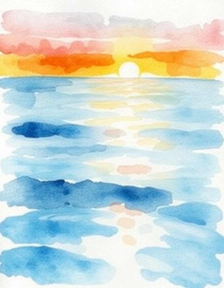 Watercolor idea created from the prompt: watercolor painting, soft transparent washes, wet-on-wet bleeds, paper texture visible, sunrise seaside , delicate watercolor illustration, 