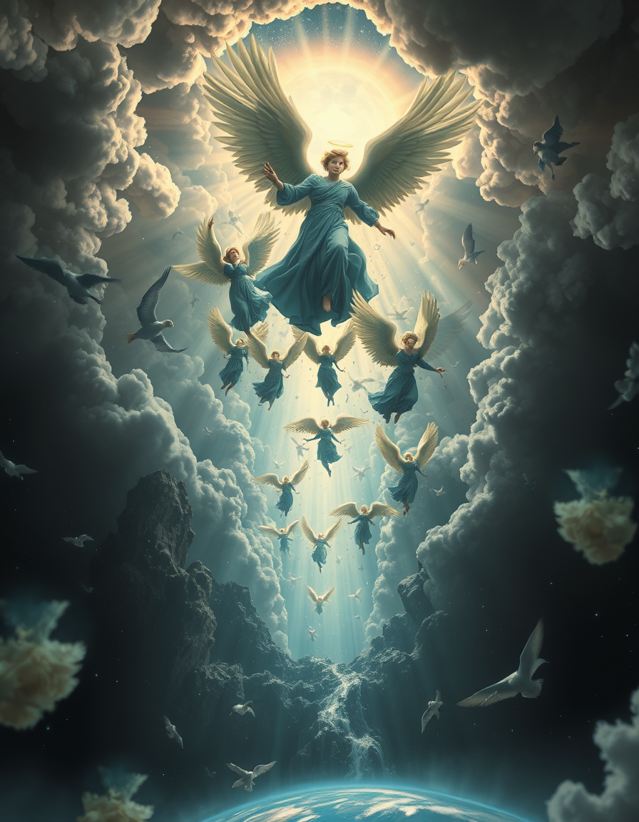 Main painting studio: the fall of the angels from heaven to earth make it look trippy as they fall down through celestial realms to Earth with various wormholes opening up,