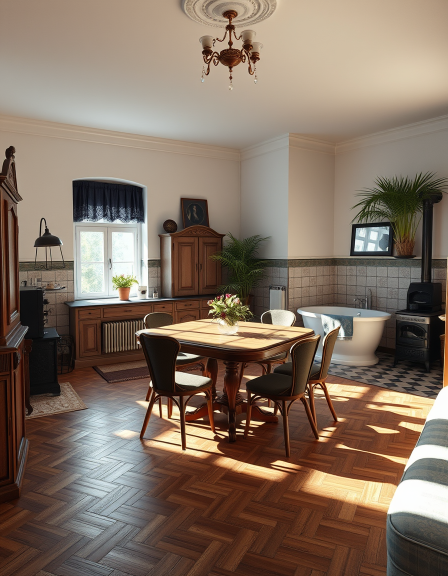 Room Design idea: AI room design, full room layout furniture and lighting, photorealistic interior render, Abgenutzte verlassene staubige Altbauwohnung, Parkettboden, S