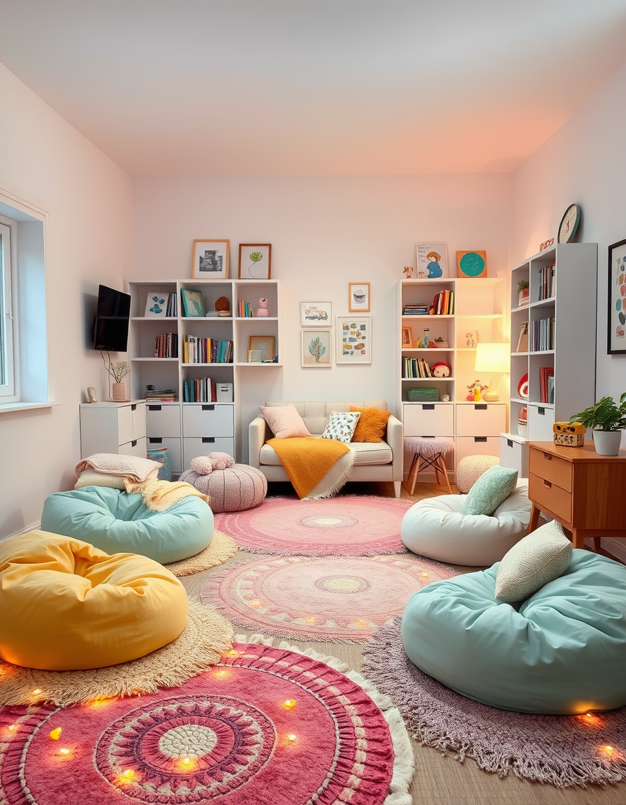 Main painting studio: A square room with the color palate of baby pink baby blue butter yellow mint green peach and lavender and white. The whole room follows this color pa