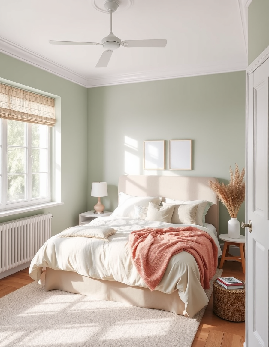 Main painting studio: room repainted in a soft sage wall colour, natural daylight