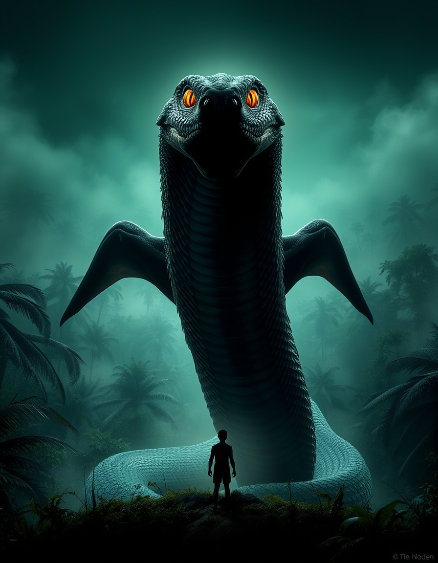Book Covers idea: book cover composition, vertical 2:3 format, title-ready negative space at top, evocative subject, A giant, dark green feathered snake with two wings 