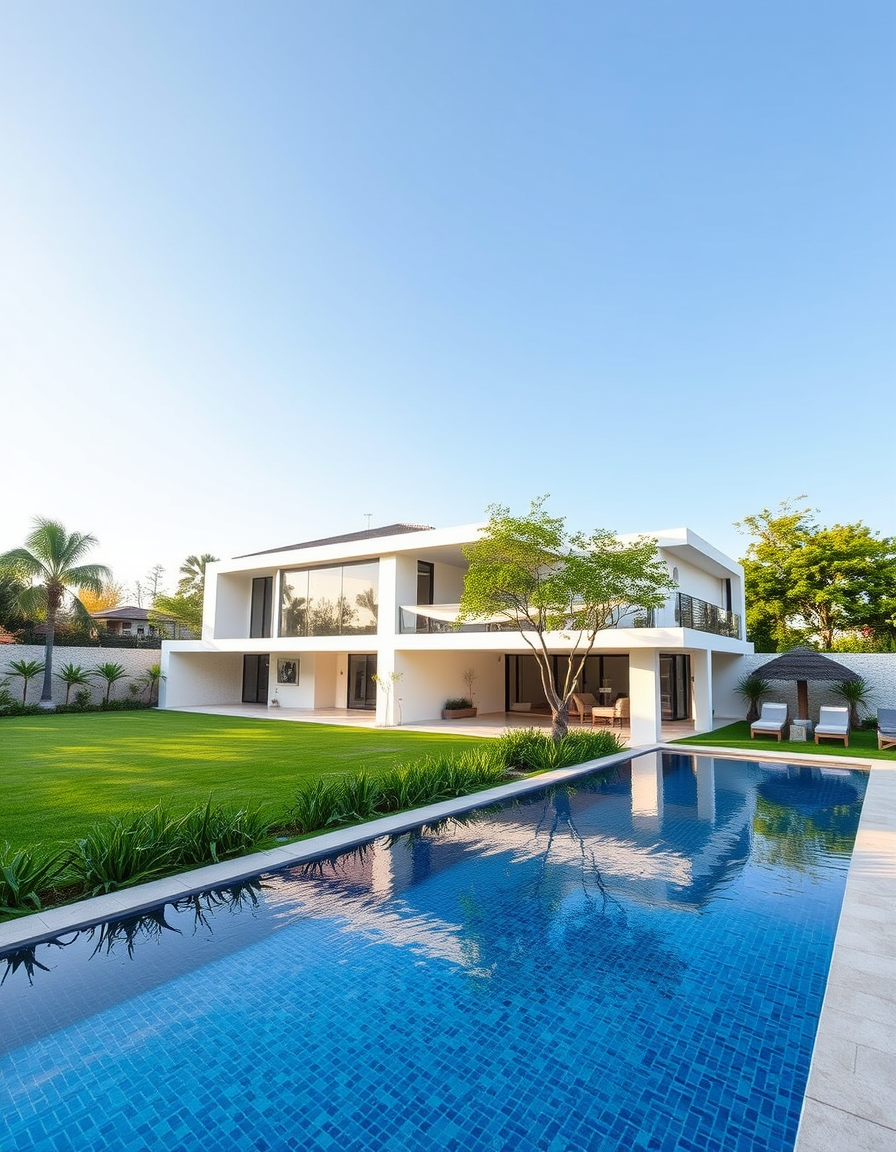 Main painting studio: hazme una casa moderna con un gran jardin ,cancha de futbol, piscina,con algunas plantas y arboles y algun caminillo de baldosa sobre el cesped