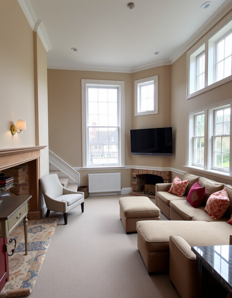 Main painting studio: square room, starting from top left, an armchair with a deep windowsill behind and sash window. then going right, 2 windows with a wall between and a