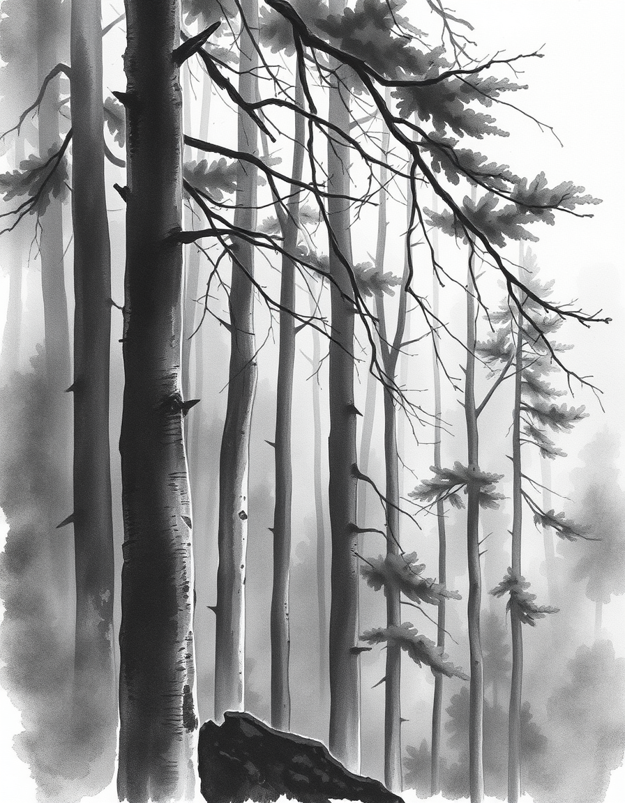 Main painting studio: Dense, wooded, black and white watercolor