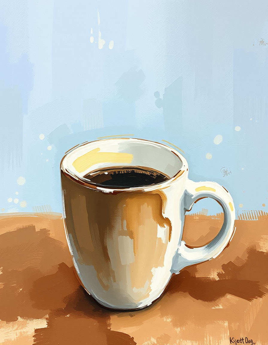 Main painting studio: impressionist coffee, big mug, loose visible brushstrokes.