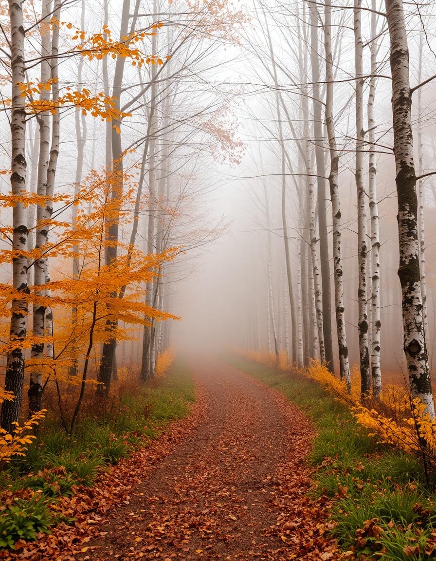 AI Painting prompt example created from the prompt: a quiet forest path in autumn, mist between birches