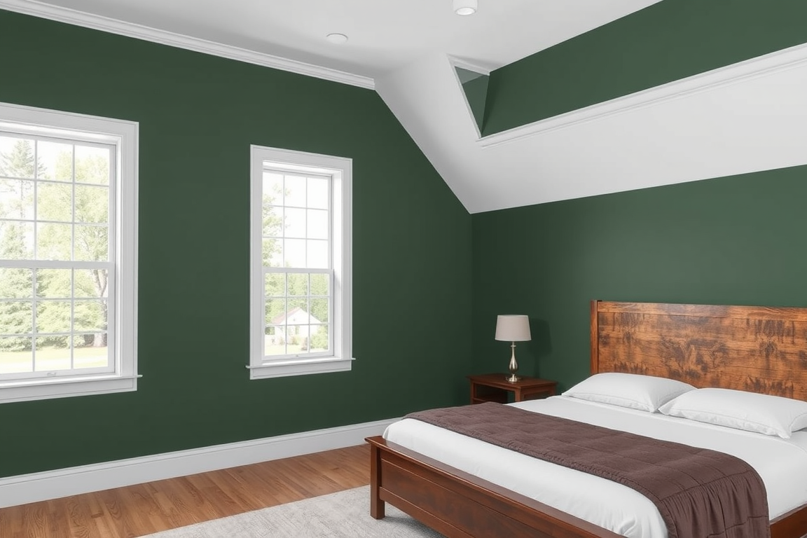 Paint Color idea: room repainted in a new wall color from the photo, accurate paint finish, photorealistic interior render, Bedroom with two windows on outside wall, be