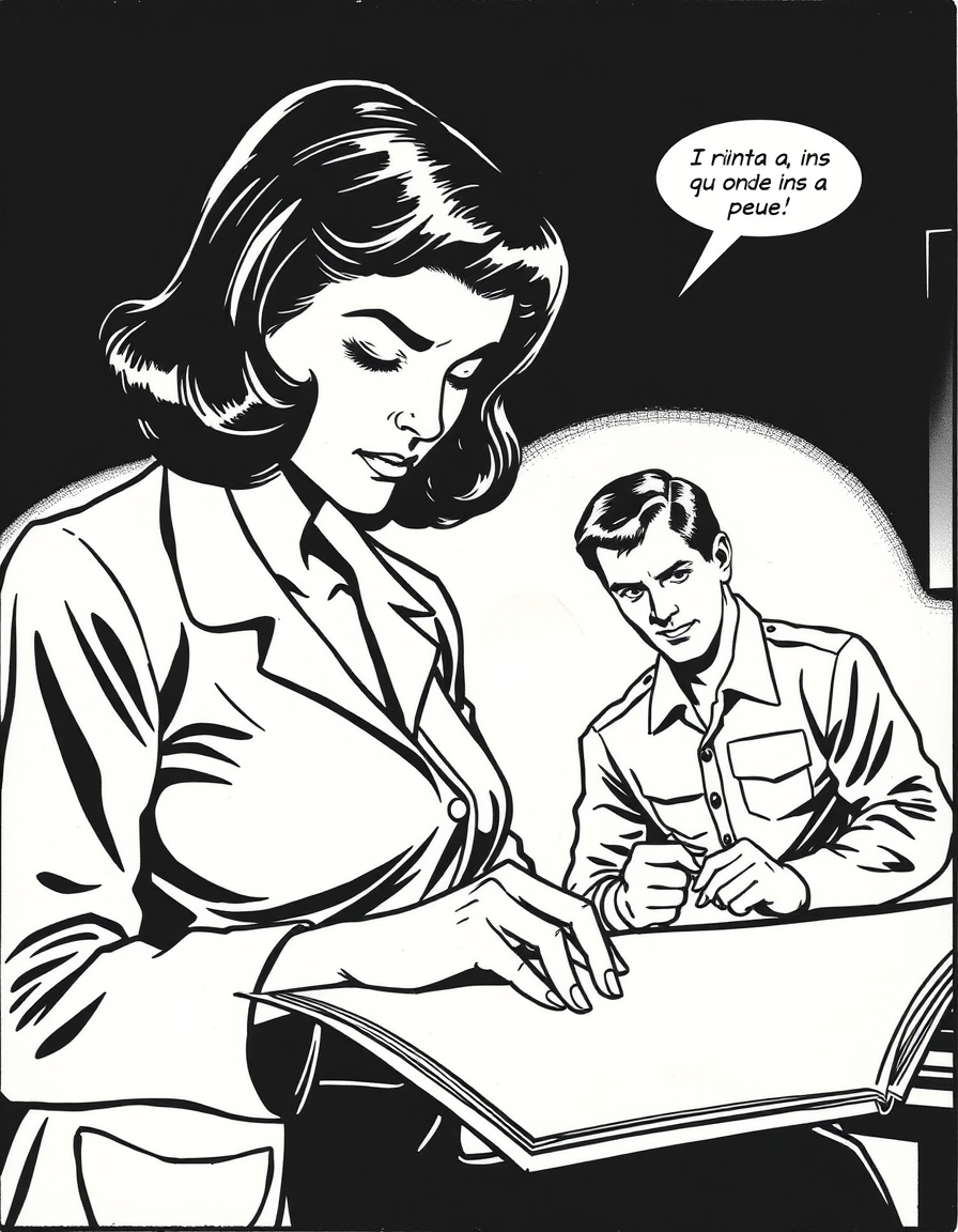 Comic Art idea: comic art, bold ink lines, halftone shading, dynamic composition, Sarah revisa una carpeta médica. Fotografía de Martin en su uniforme, sonriente. Al