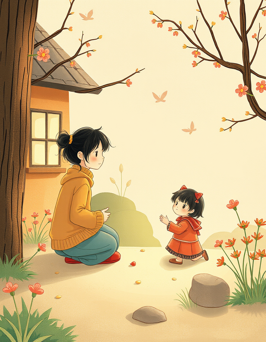 Storybook Illustrations idea: storybook illustration, warm narrative scene, hand-drawn feel, soft palette, 父親死亡，男人在父親靈堂前低頭難過的背影，插畫 , children's book illustration, page from a pictu