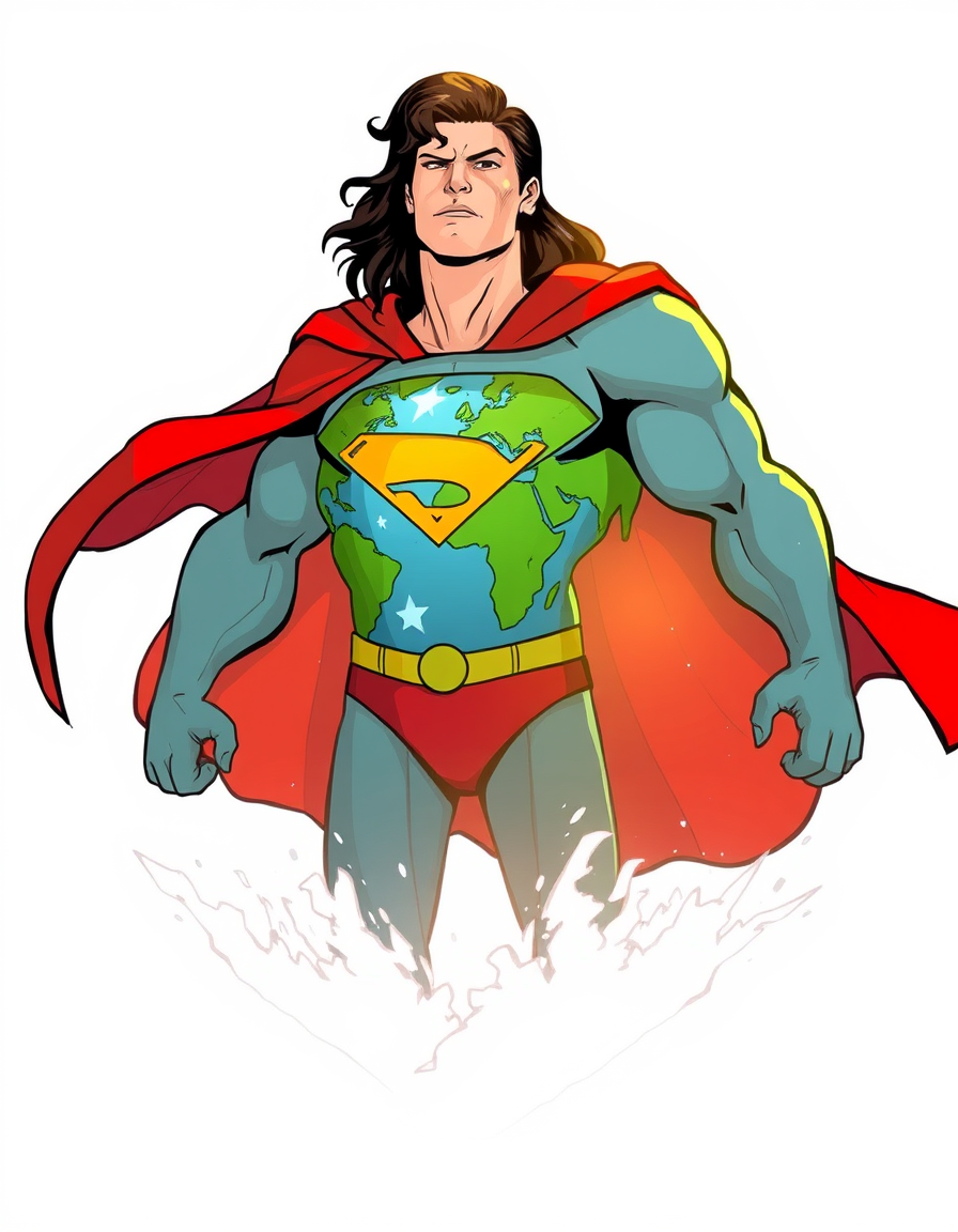 Main painting studio: Create a comic-style image inspired by the environment, featuring a design based on planet Earth; it should be humanoid—without a human face—and inspi