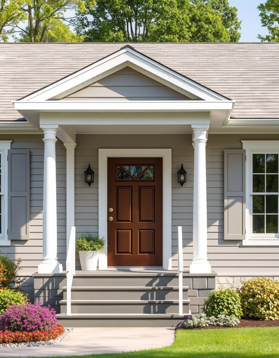 Exterior Paint idea: home exterior paint visualization, preserve architecture and landscaping, recolor siding trim and front door, exterior ranch home with center porch, s